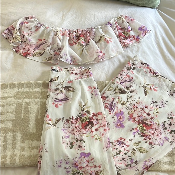 Fashion Nova Pants - Fashion Nova Floral Off-Shoulder Set - White and Pink